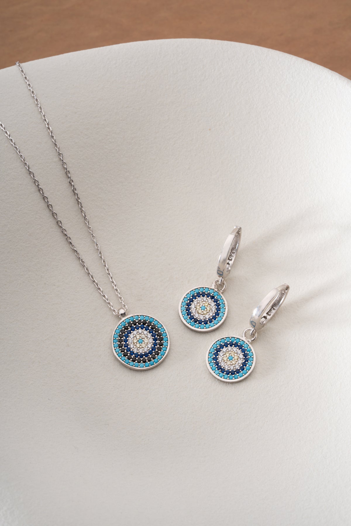 Pave Evil Eye Disc Necklace and Earring Set