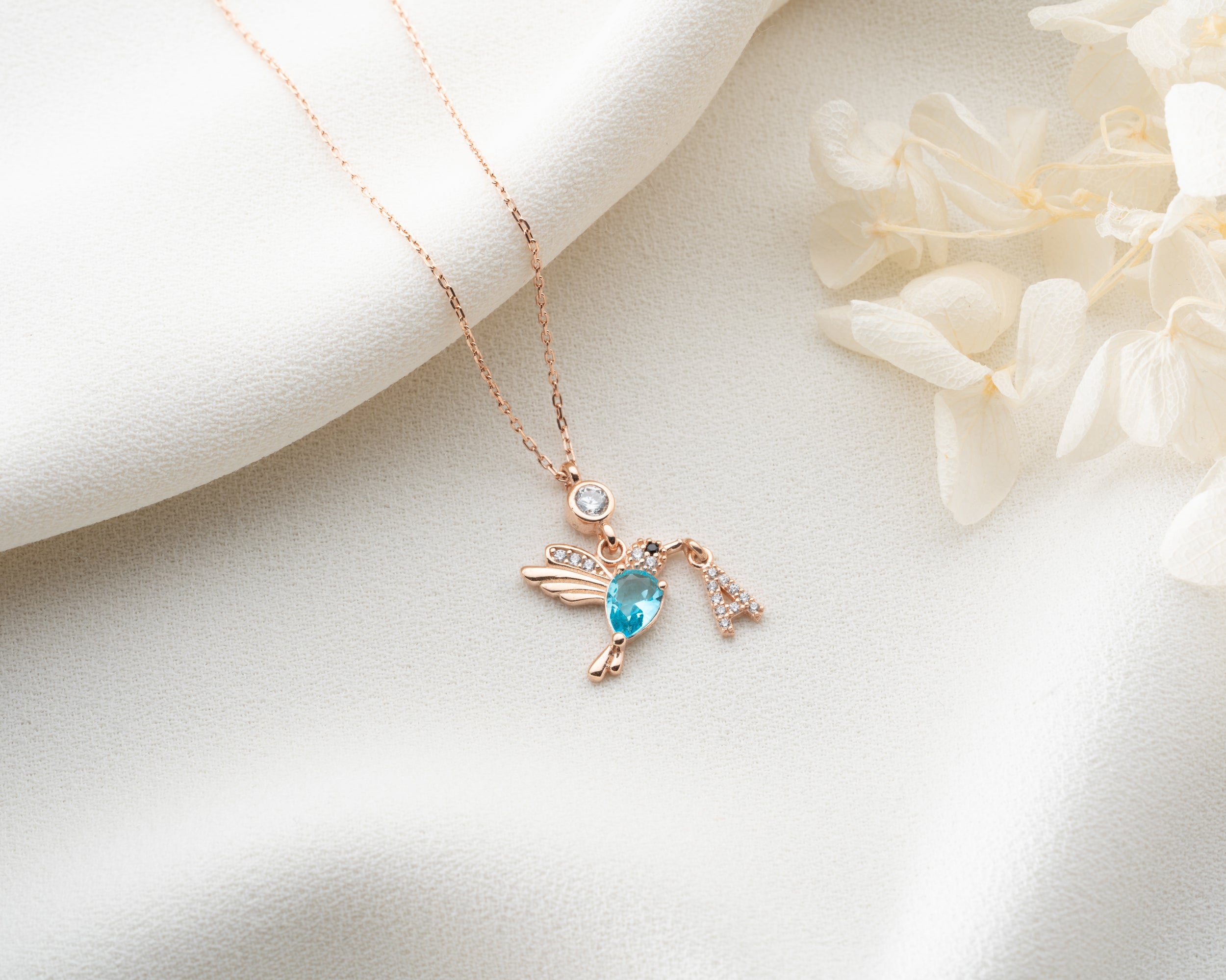Custom Hummingbird Initial Birthstone Necklace