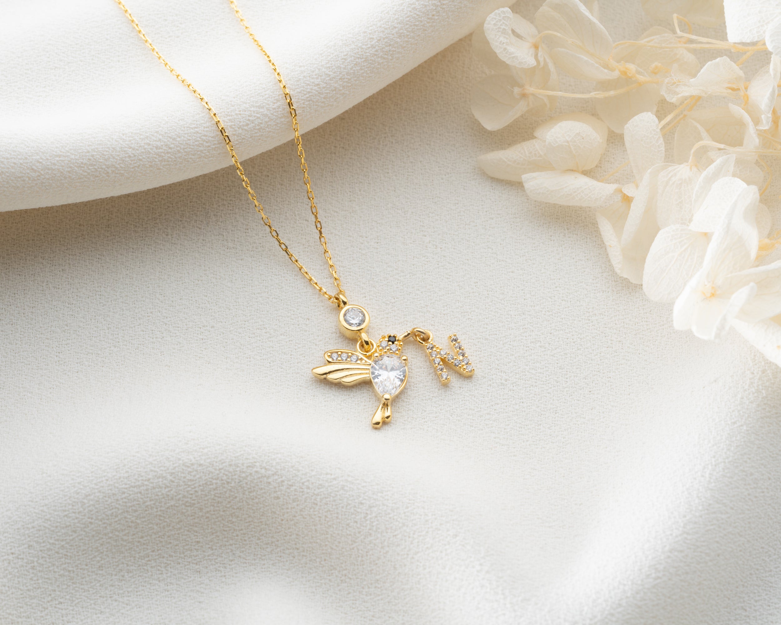 Custom Hummingbird Initial Birthstone Necklace