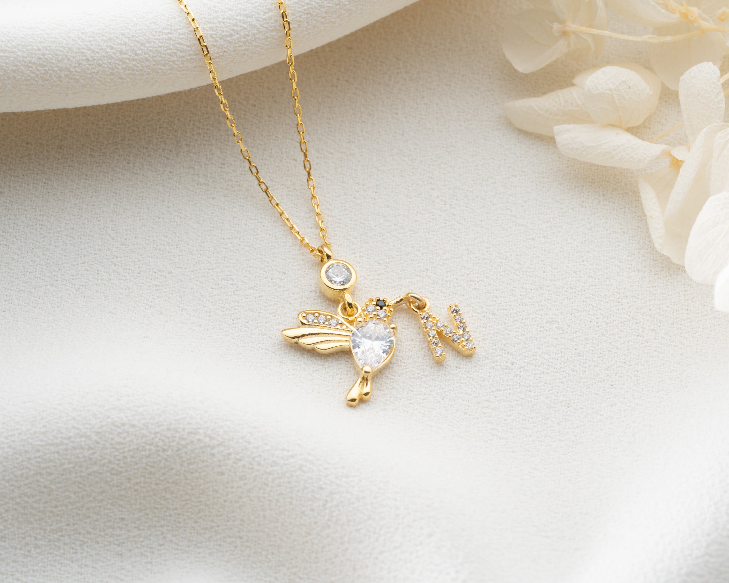 Custom Hummingbird Initial Birthstone Necklace
