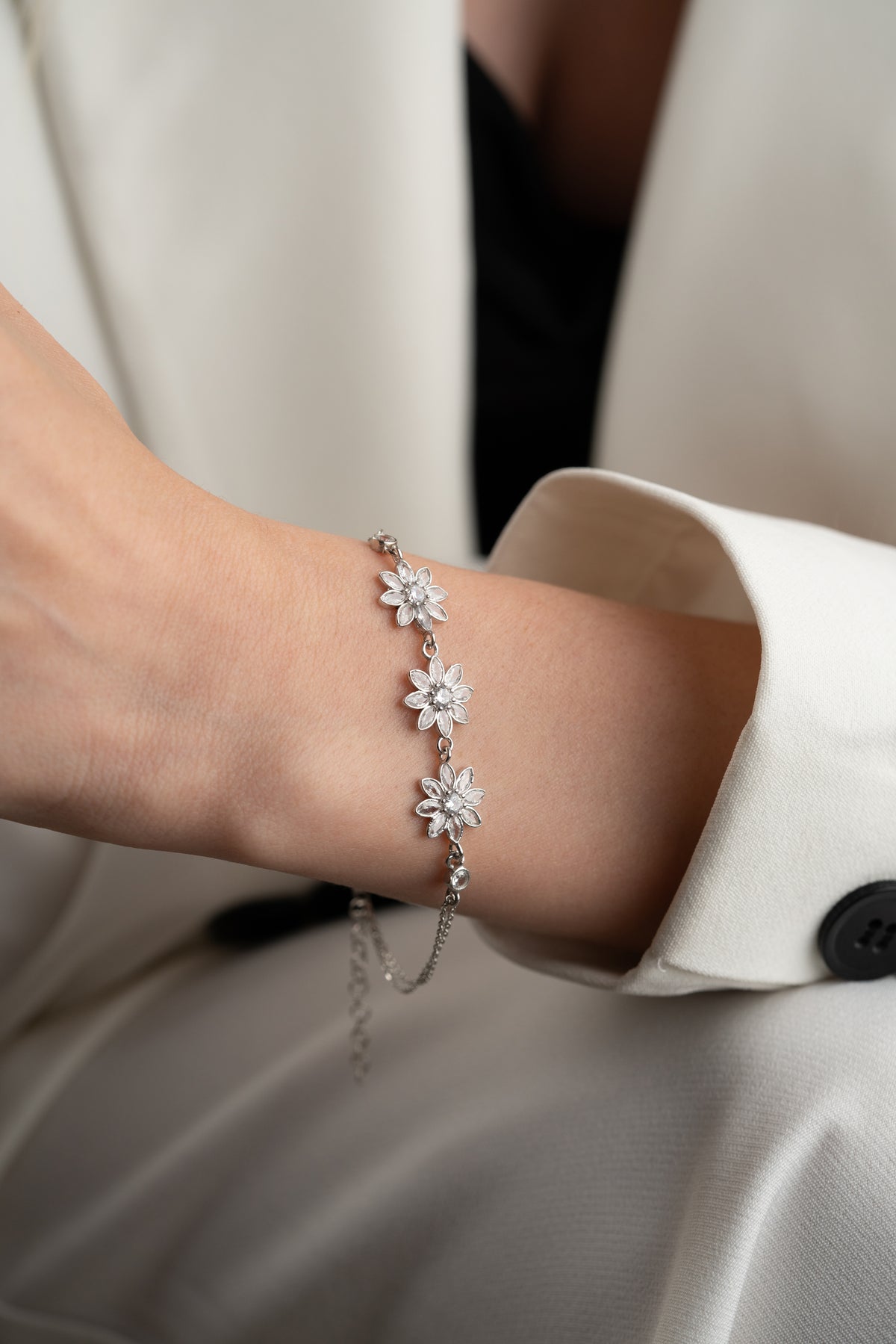 Triple Flower Crystal Bracelet in Silver