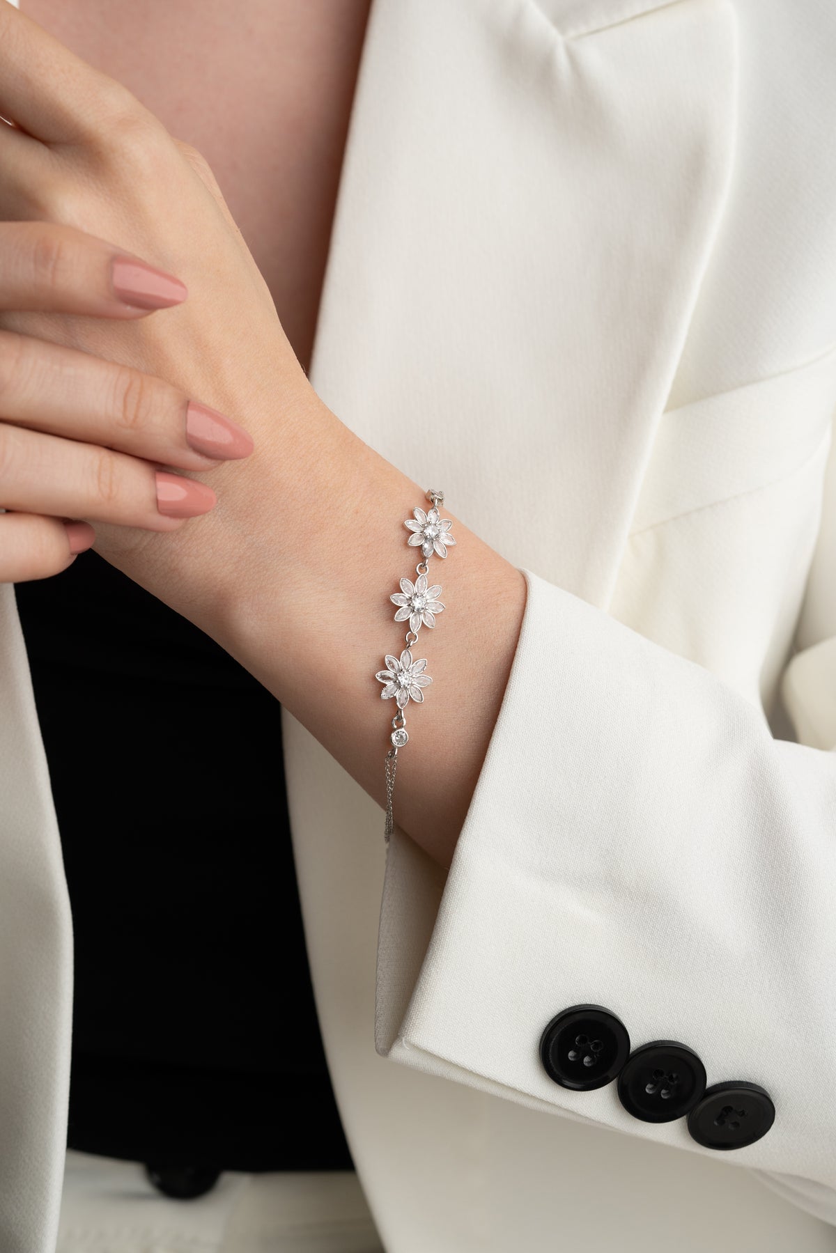 Triple Flower Crystal Bracelet in Silver