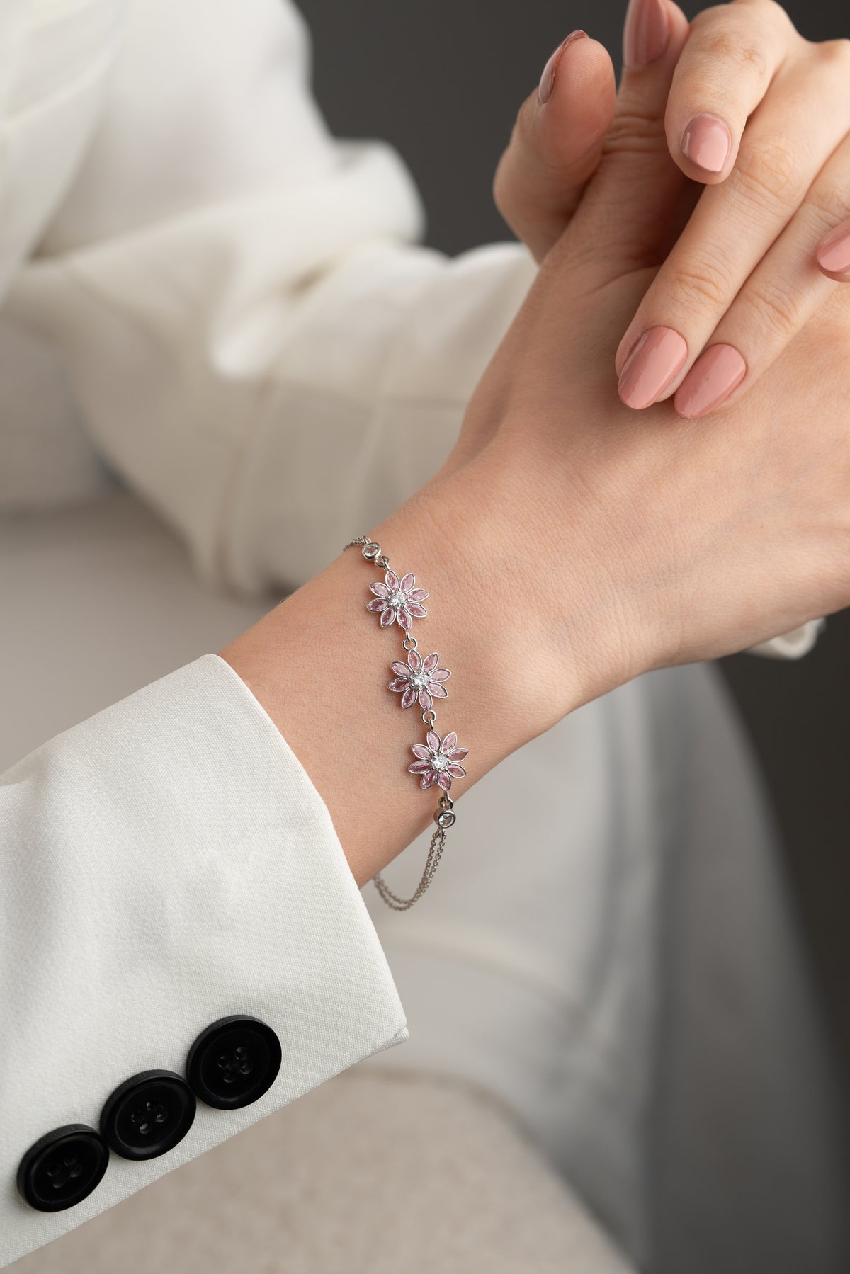 Pink Crystal Flower Trio Bracelet