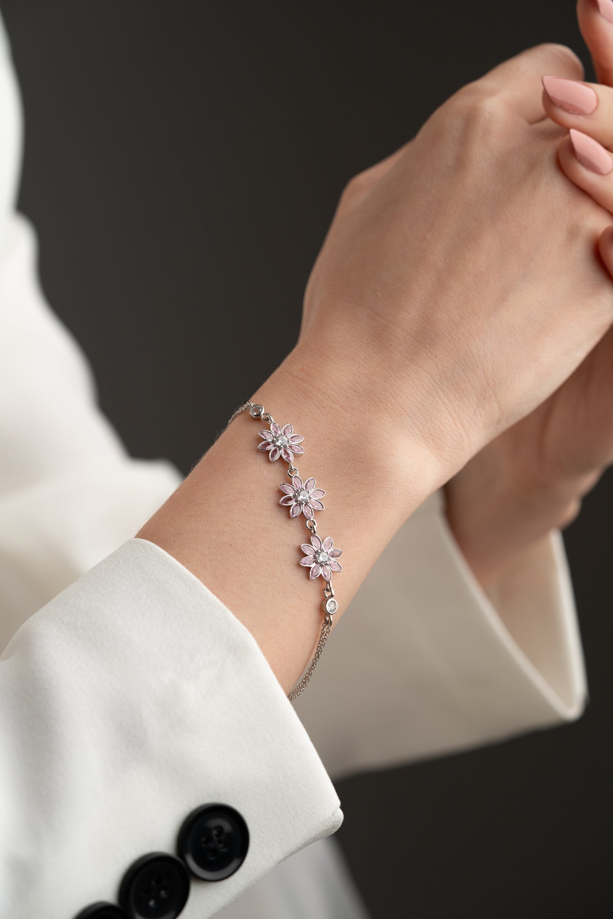 Pink Crystal Flower Trio Bracelet