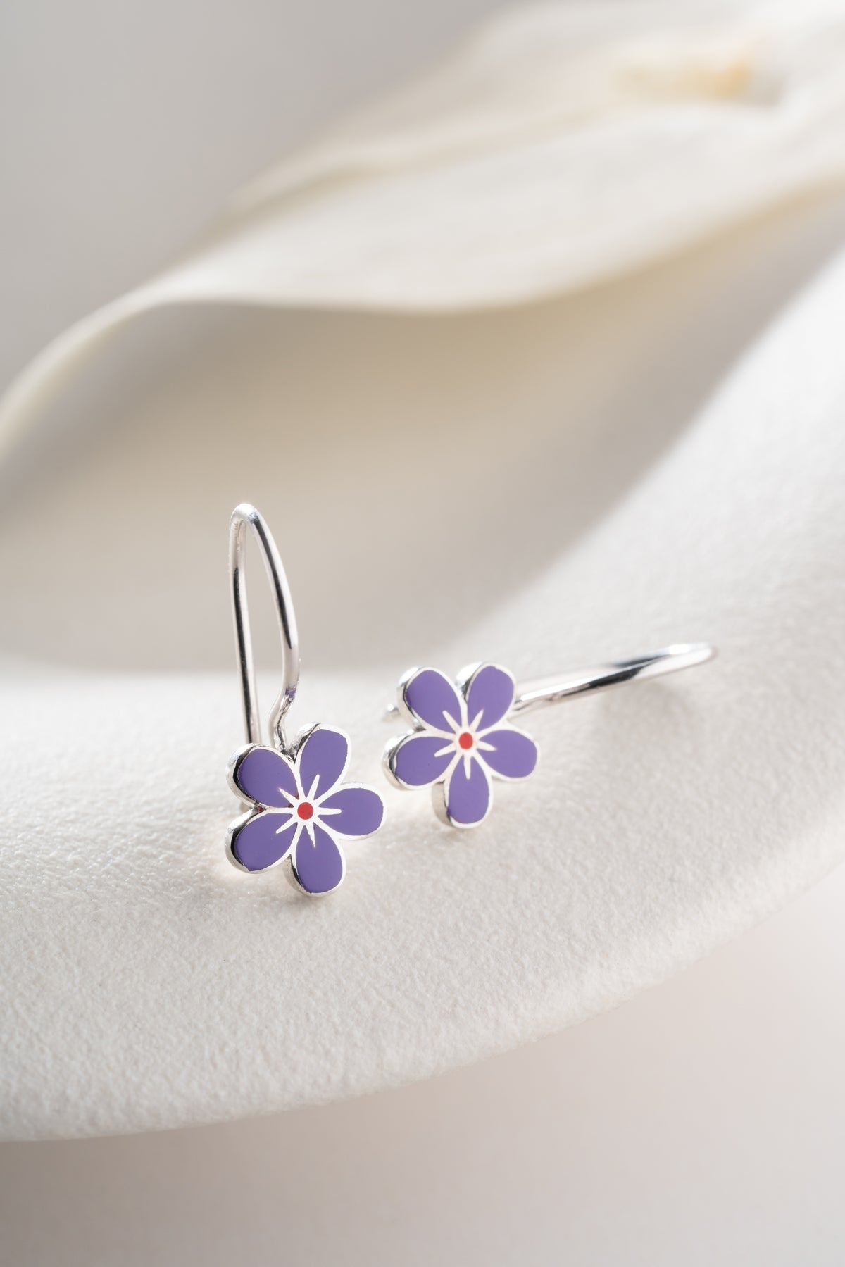 Purple Enamel Flower Drop Earrings