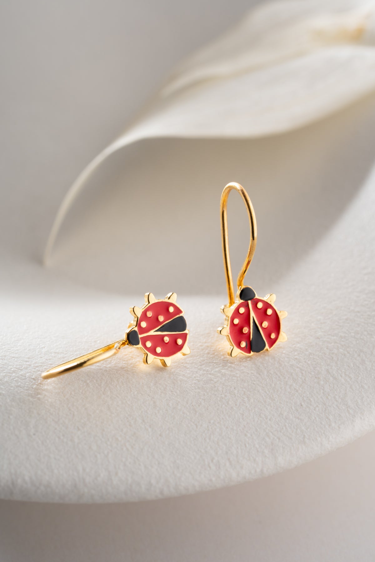 Ladybug Charm Drop Earrings in Gold