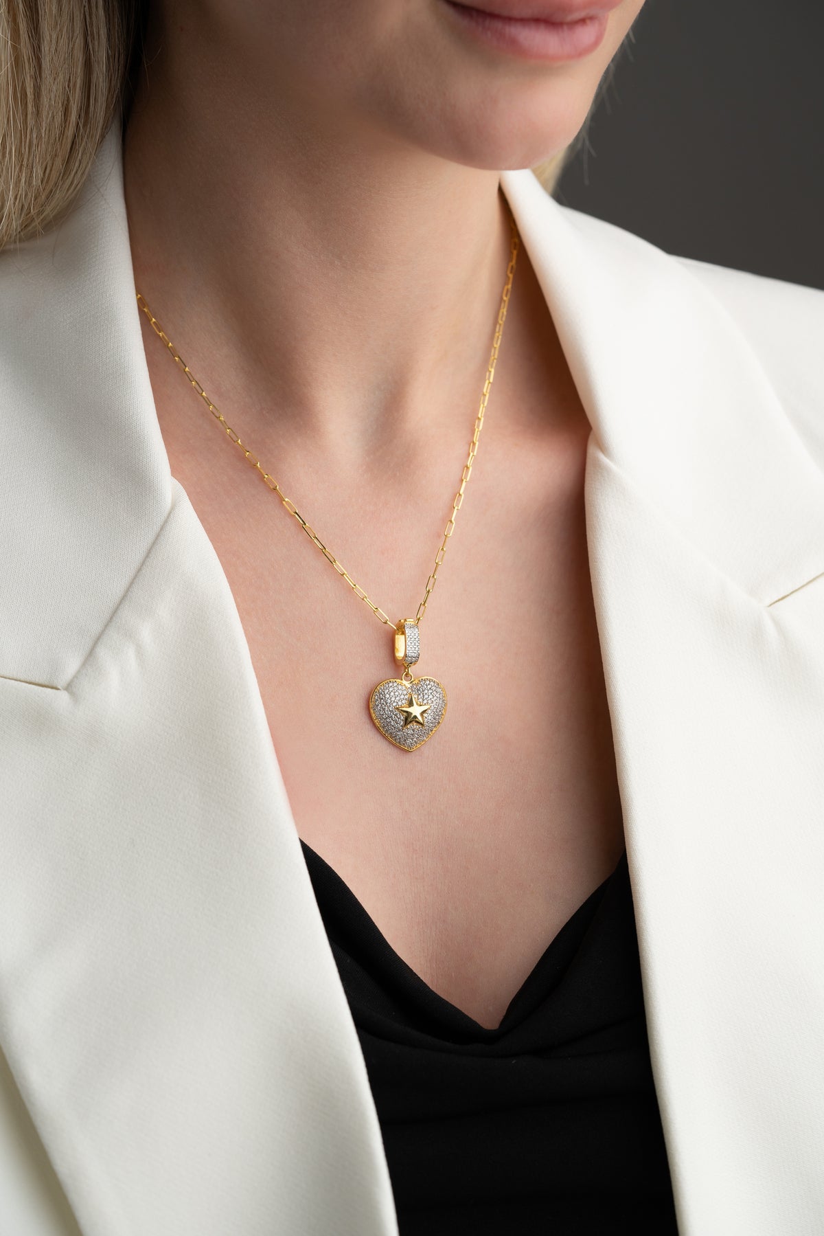 Pave Heart and Star Pendant Necklace