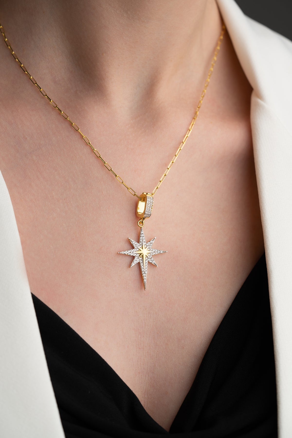 Pave North Star Pendant Necklace in Gold