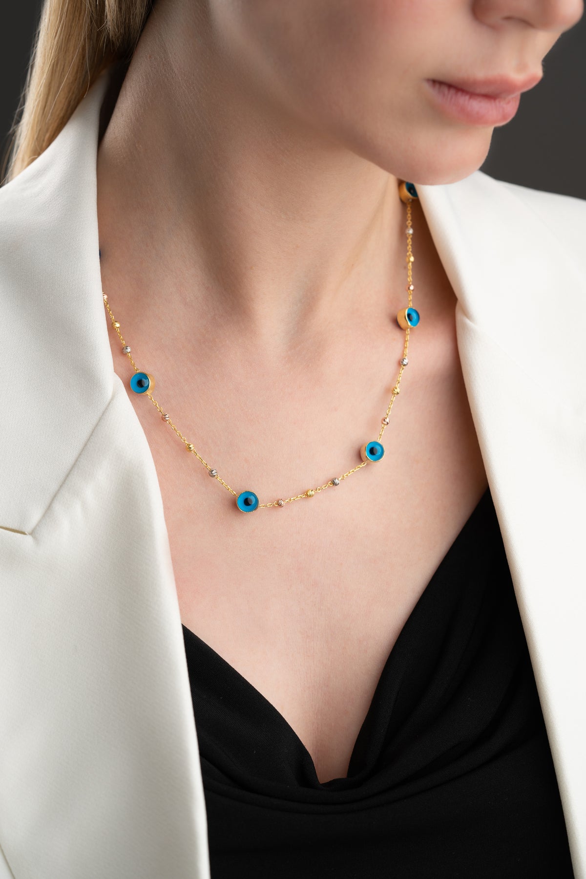 Evil Eye Beaded Station Necklace in Gold