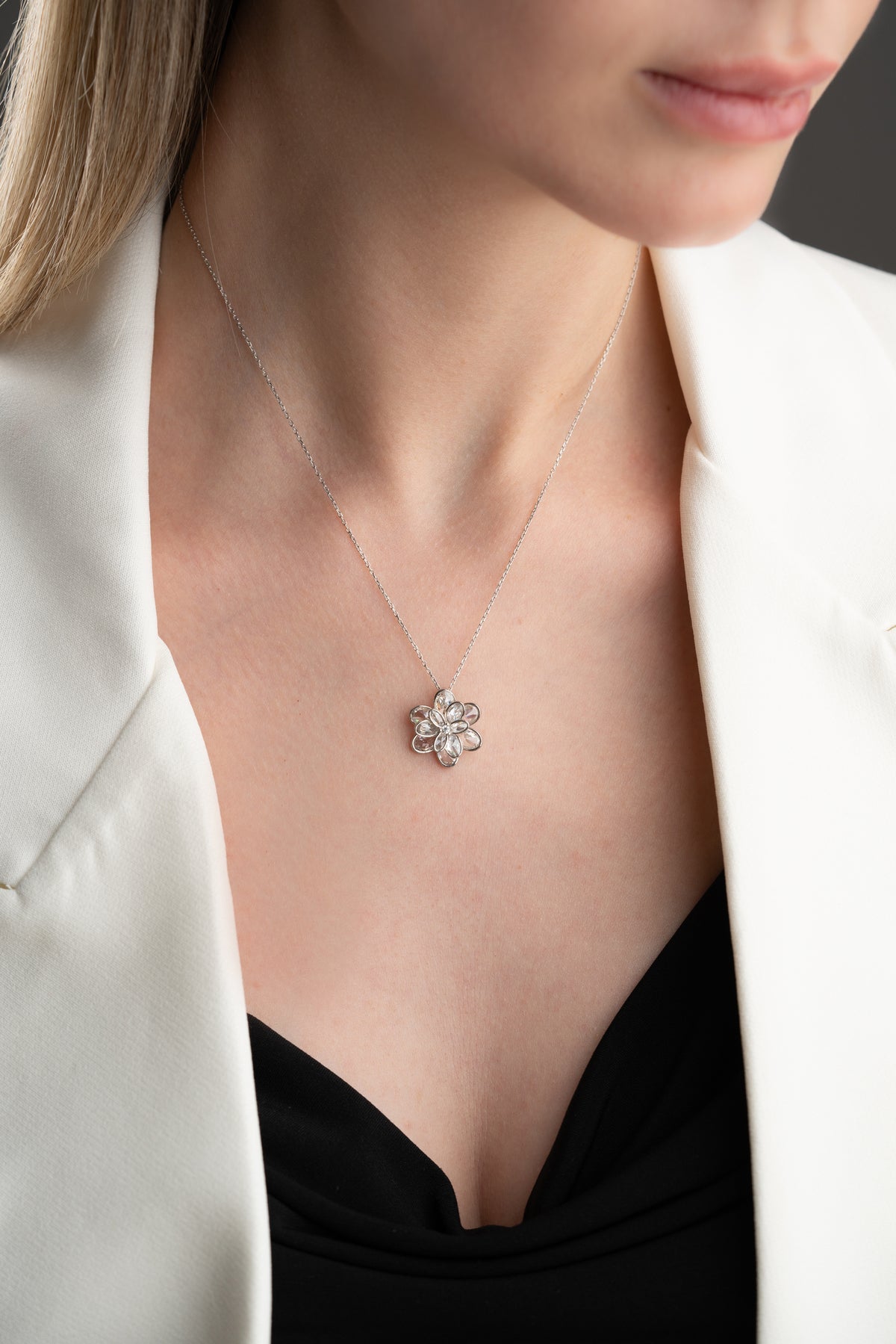 Crystal Flower Pendant Necklace in Silver