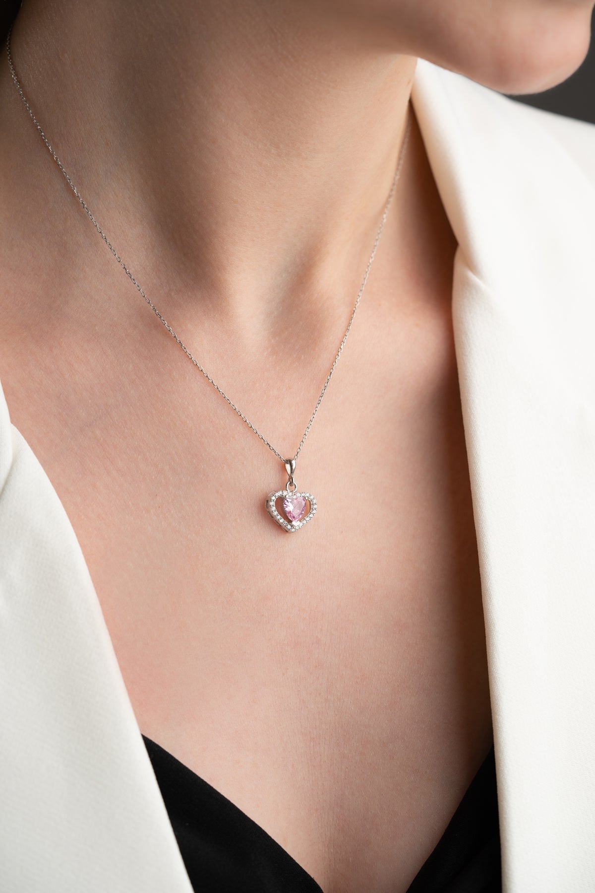 Pink Heart Halo Pendant Necklace