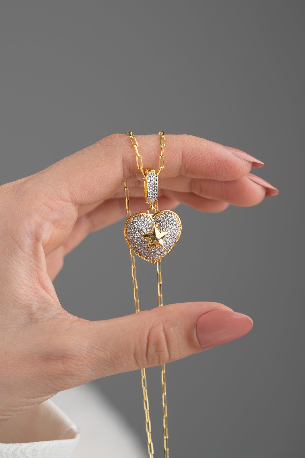 Pave Heart and Star Pendant Necklace