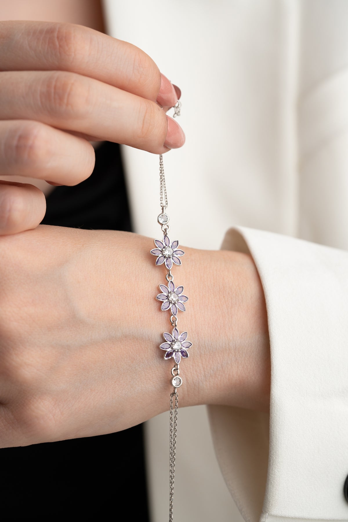 Amethyst Flower Trio Bracelet in Silver