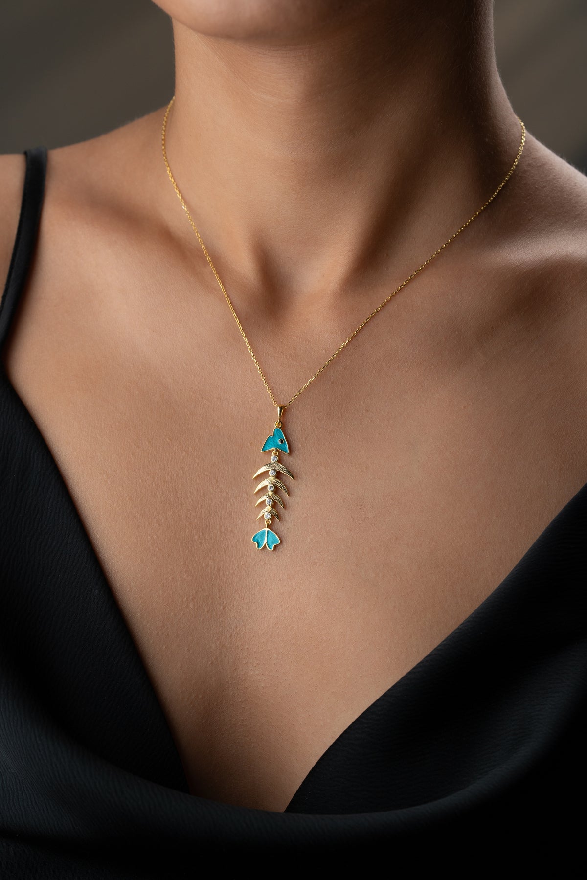 Turquoise Enamel Fish Bone Necklace