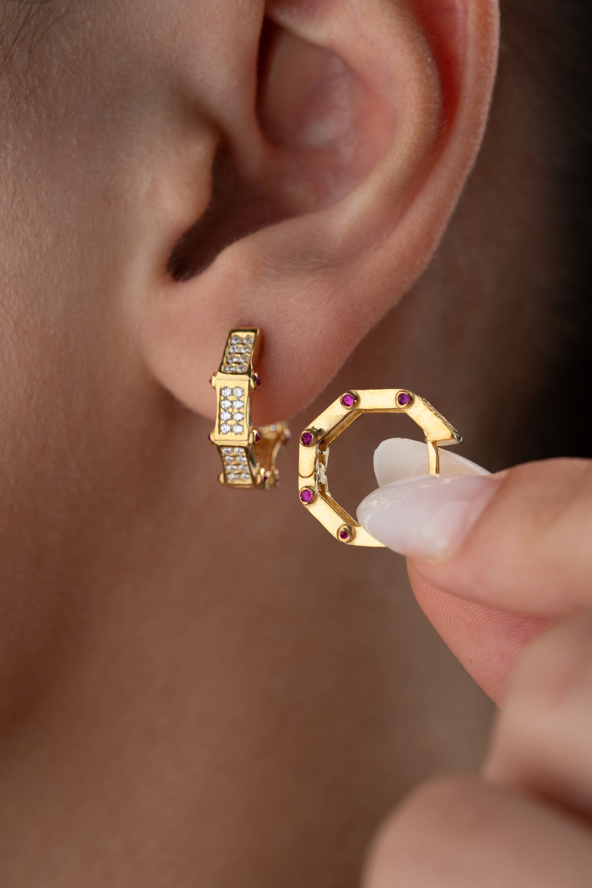 Pave Octagon Huggie Hoop Earrings