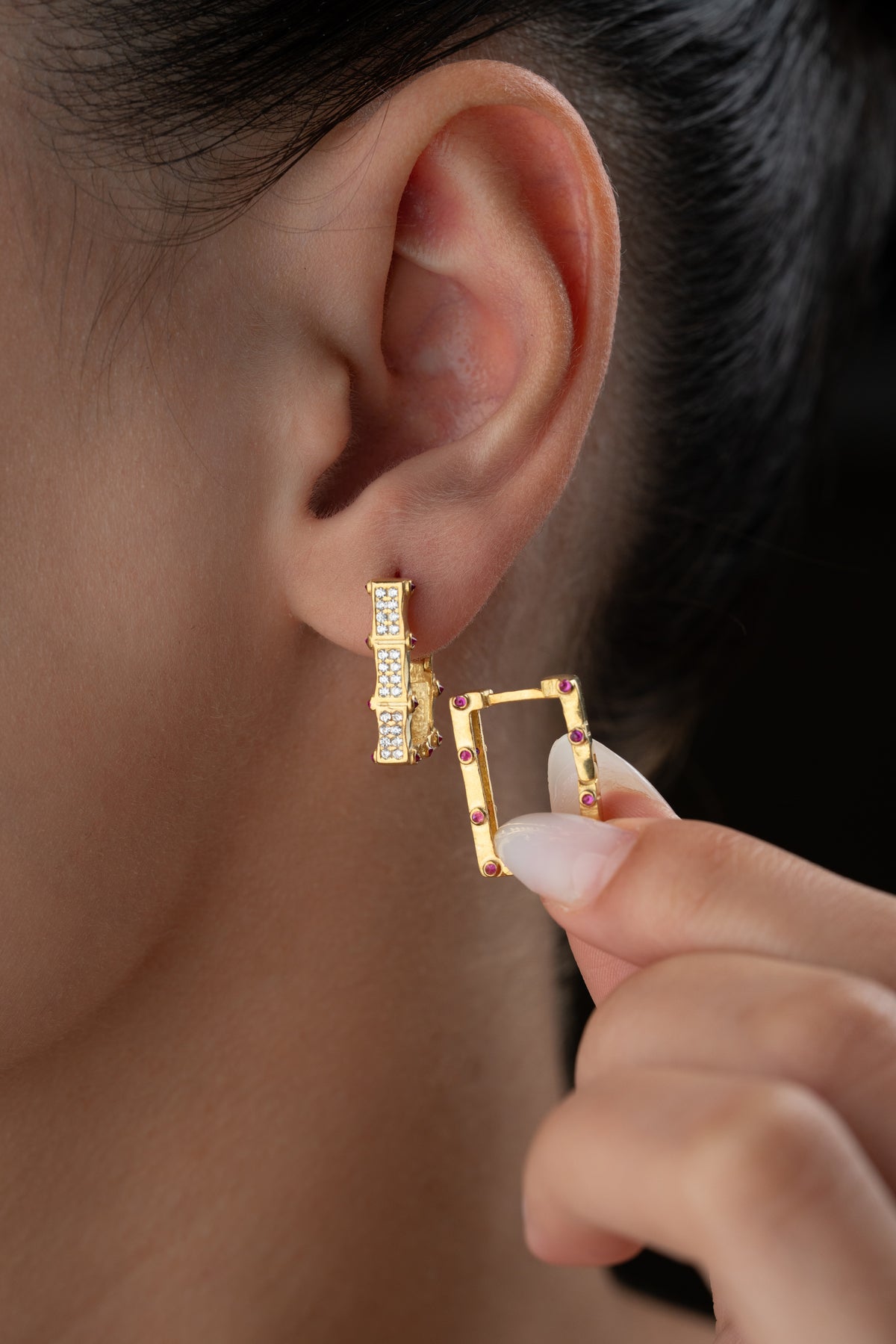Pave Rectangle Drop Earrings with Ruby Accents