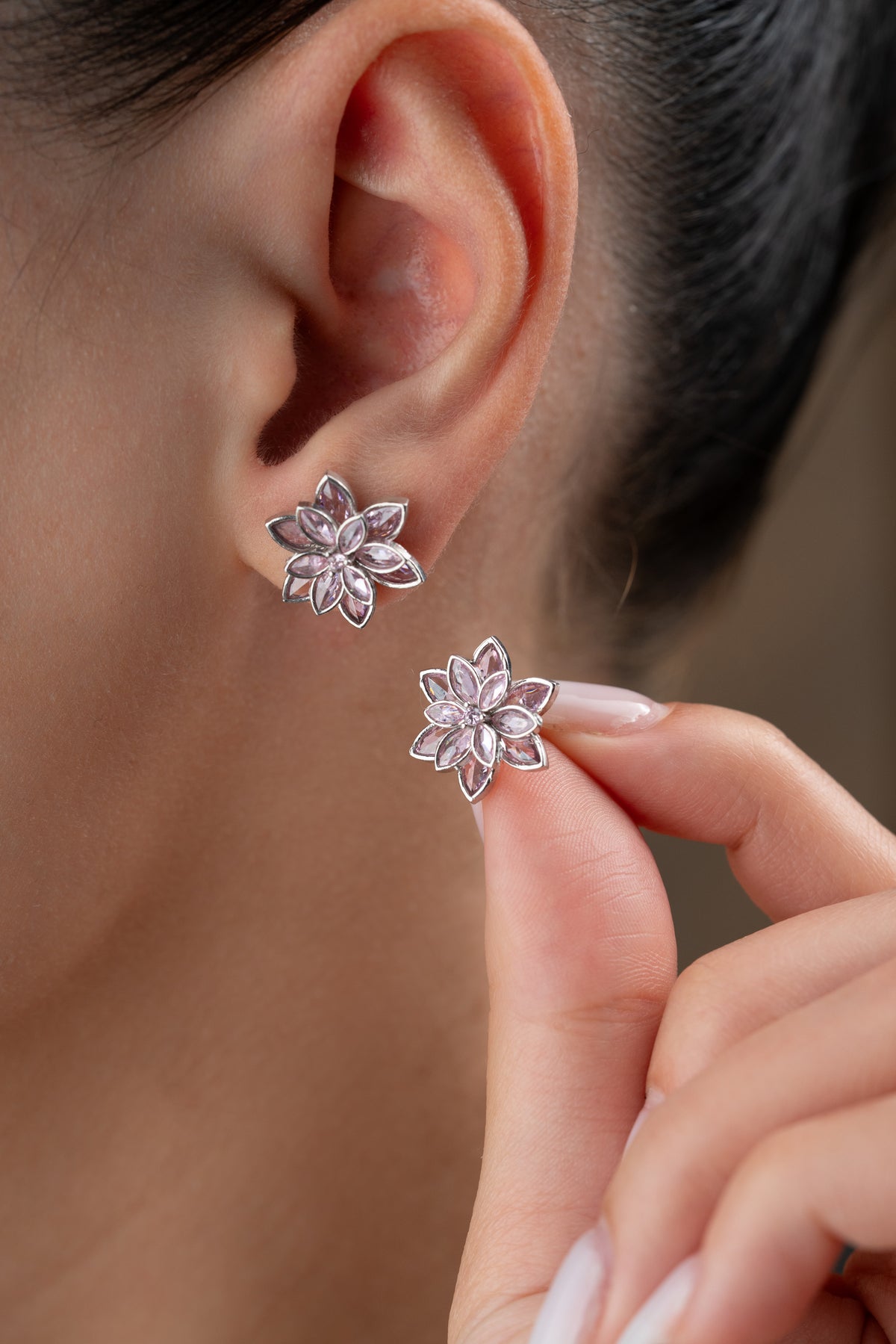 Pink Crystal Flower Stud Earrings