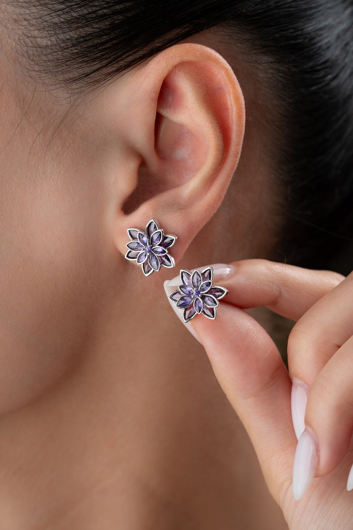 Purple Crystal Flower Stud Earrings