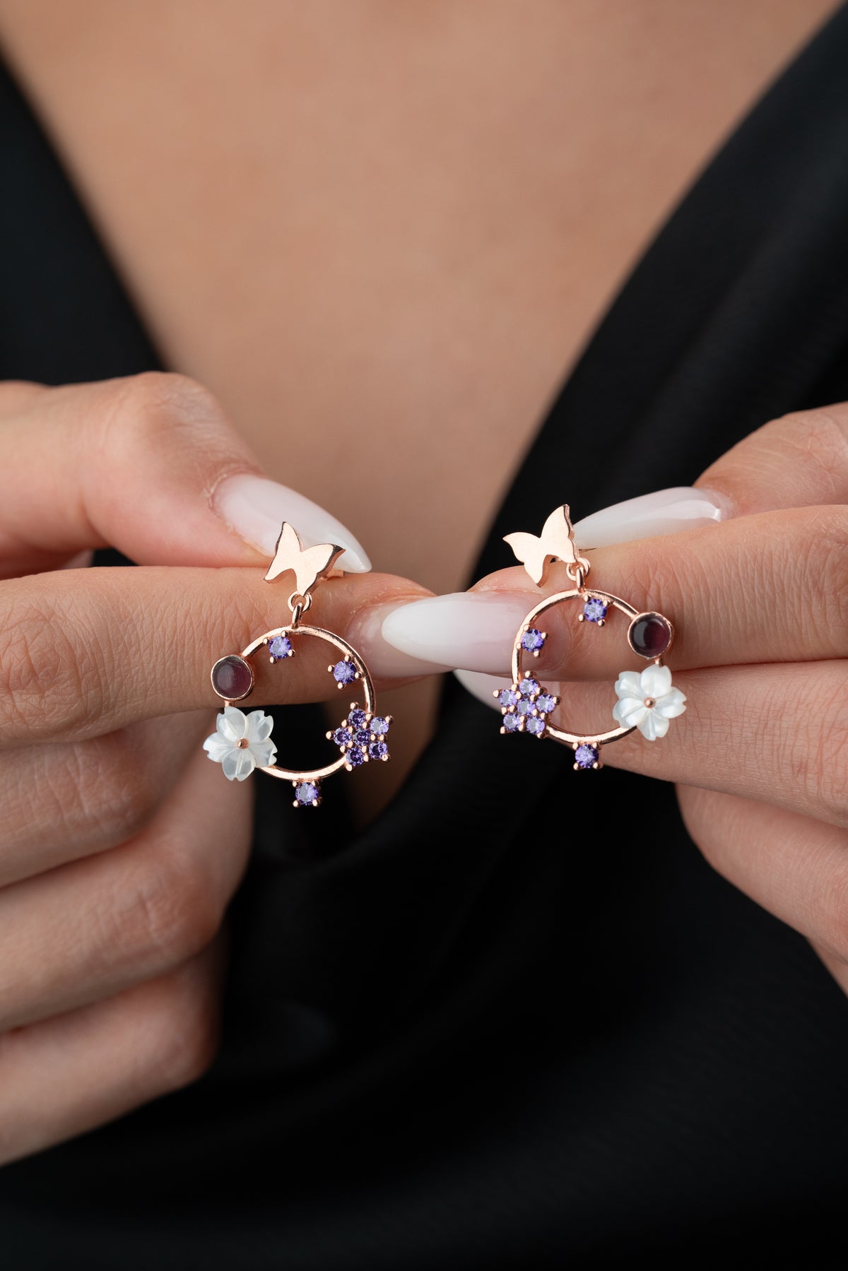 Butterfly Wreath Drop Earrings in Rose Gold