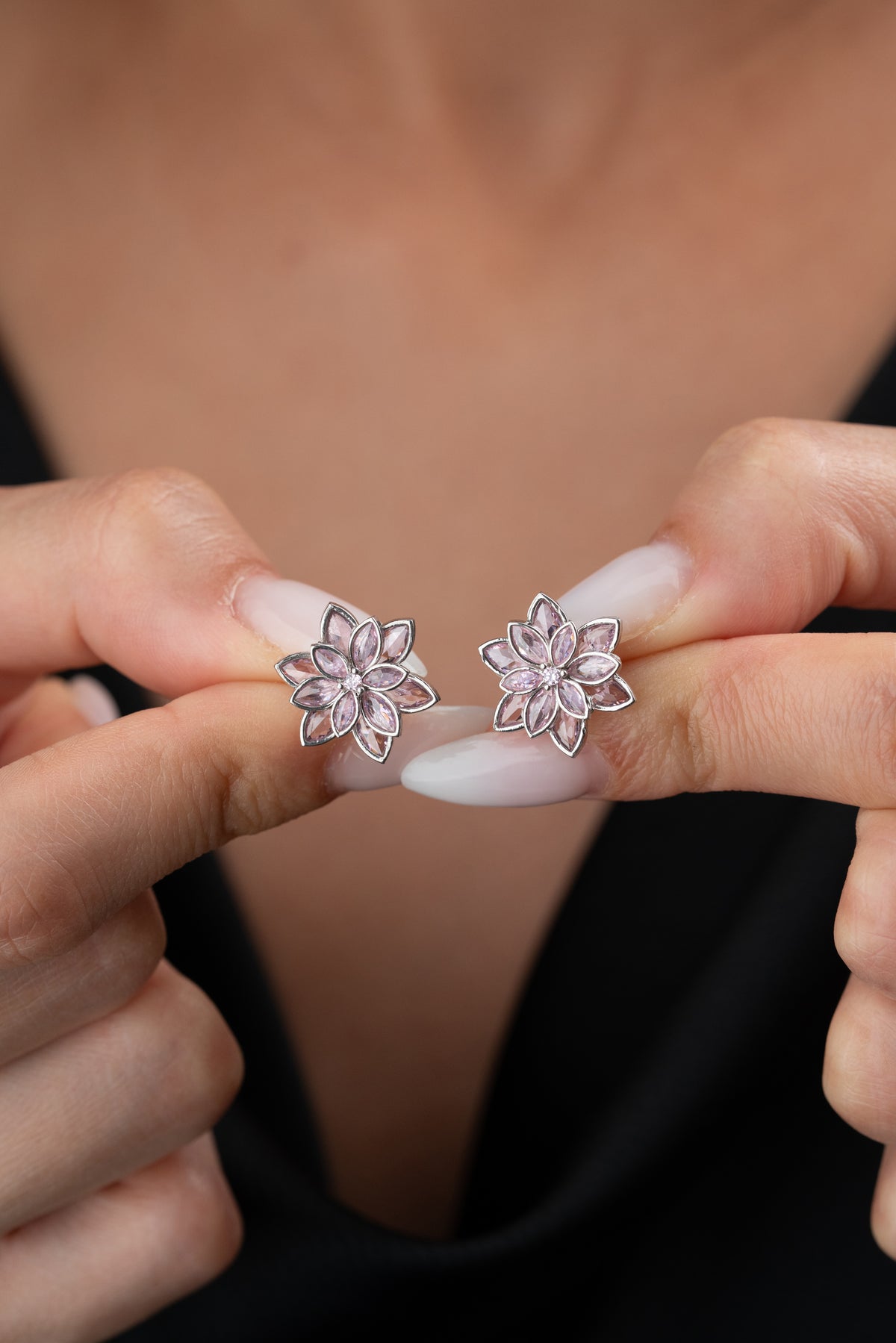 Pink Crystal Flower Stud Earrings