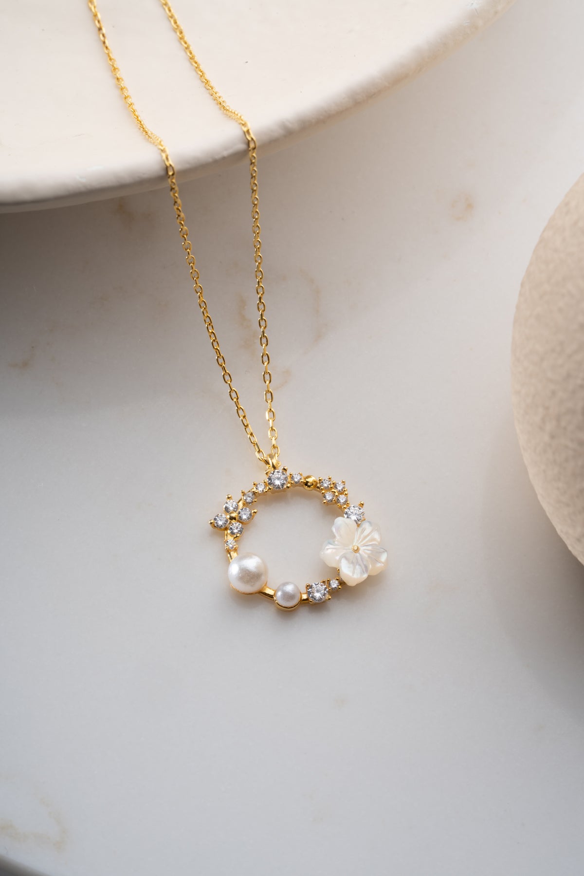 Pearl and Mother of Pearl Flower Wreath Necklace