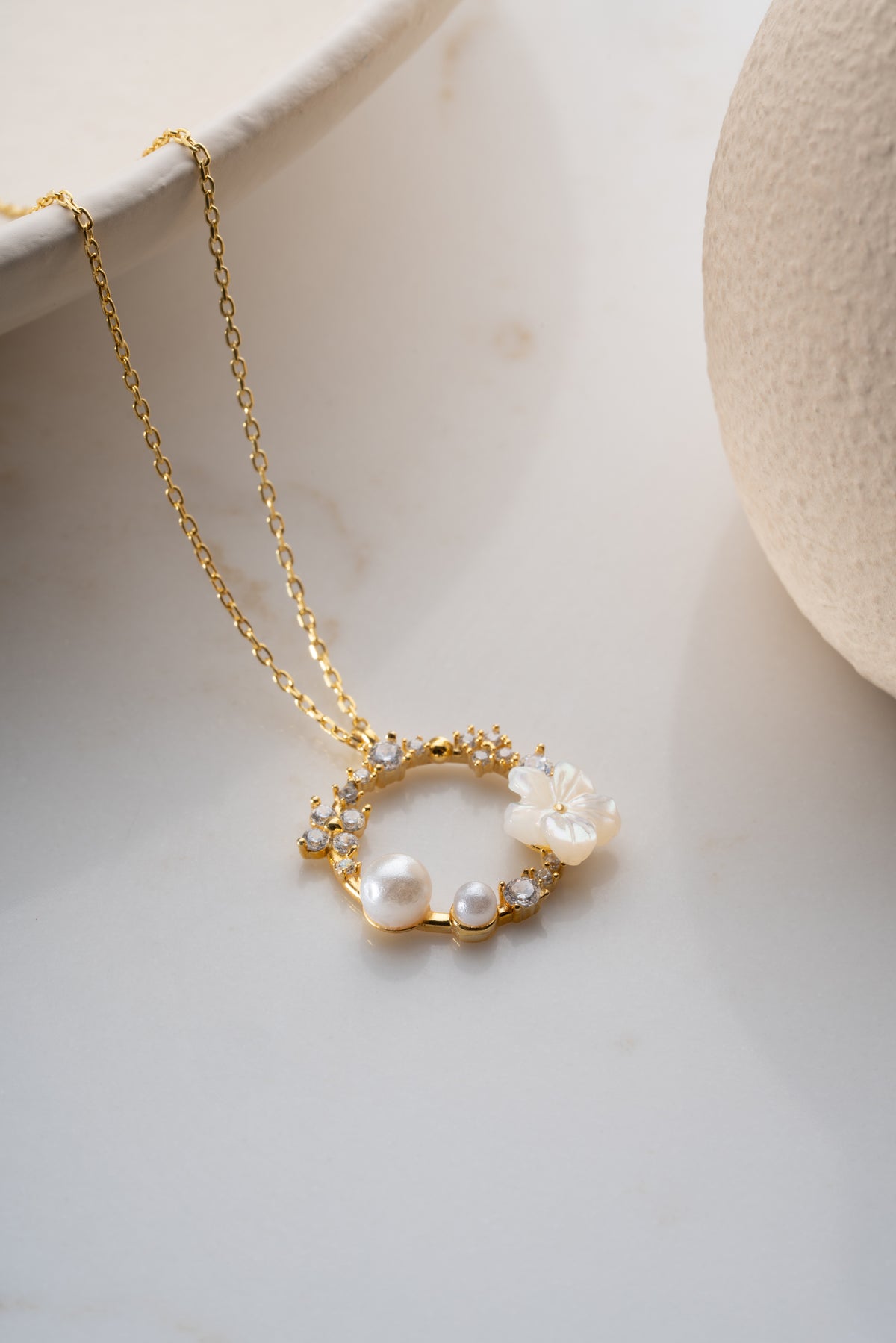 Pearl and Mother of Pearl Flower Wreath Necklace