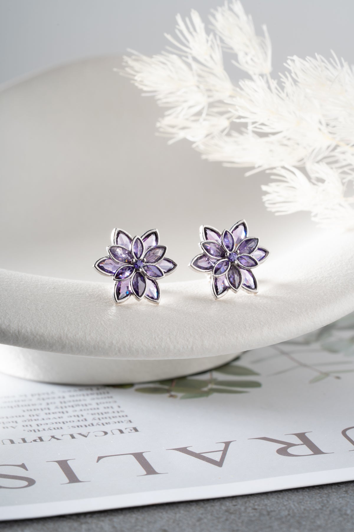 Purple Crystal Flower Stud Earrings