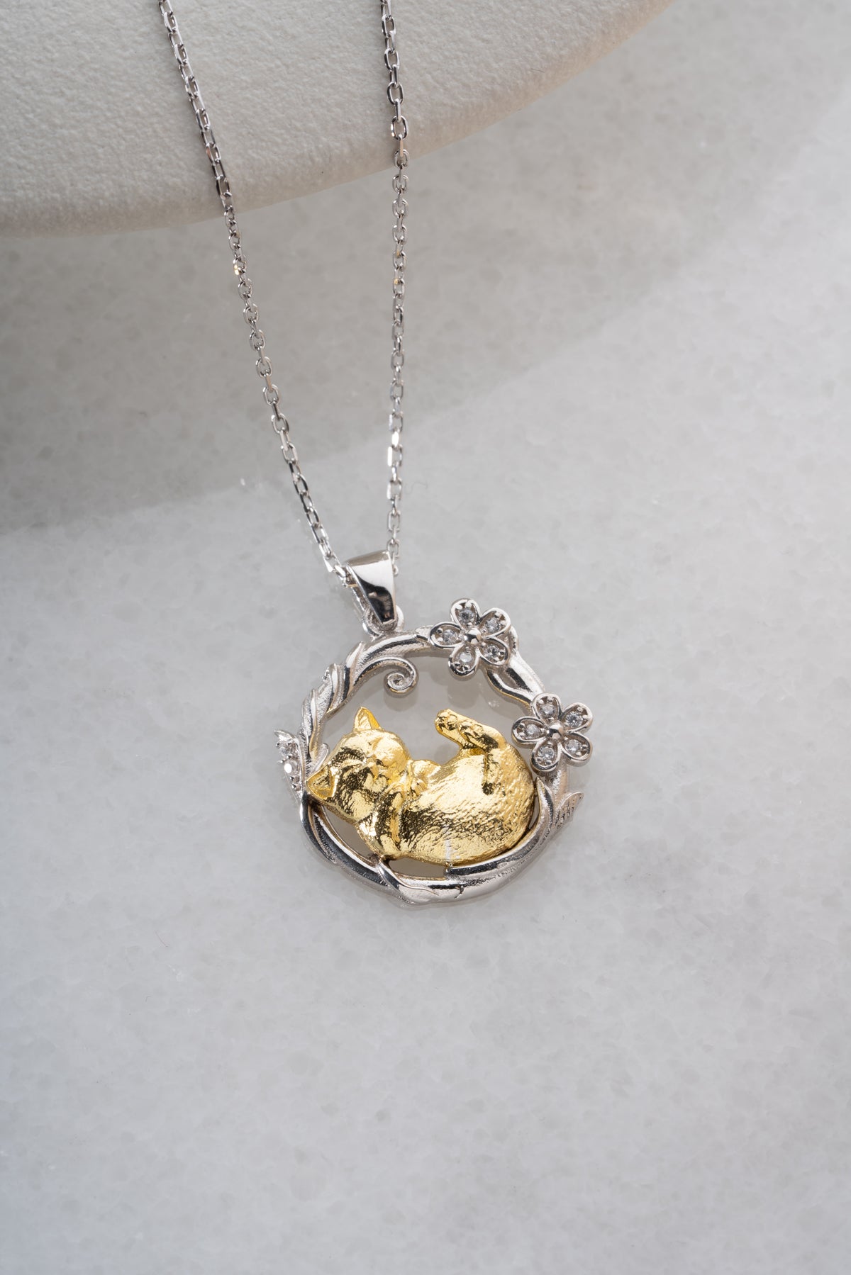 Two Tone Sleeping Cat Pendant Necklace