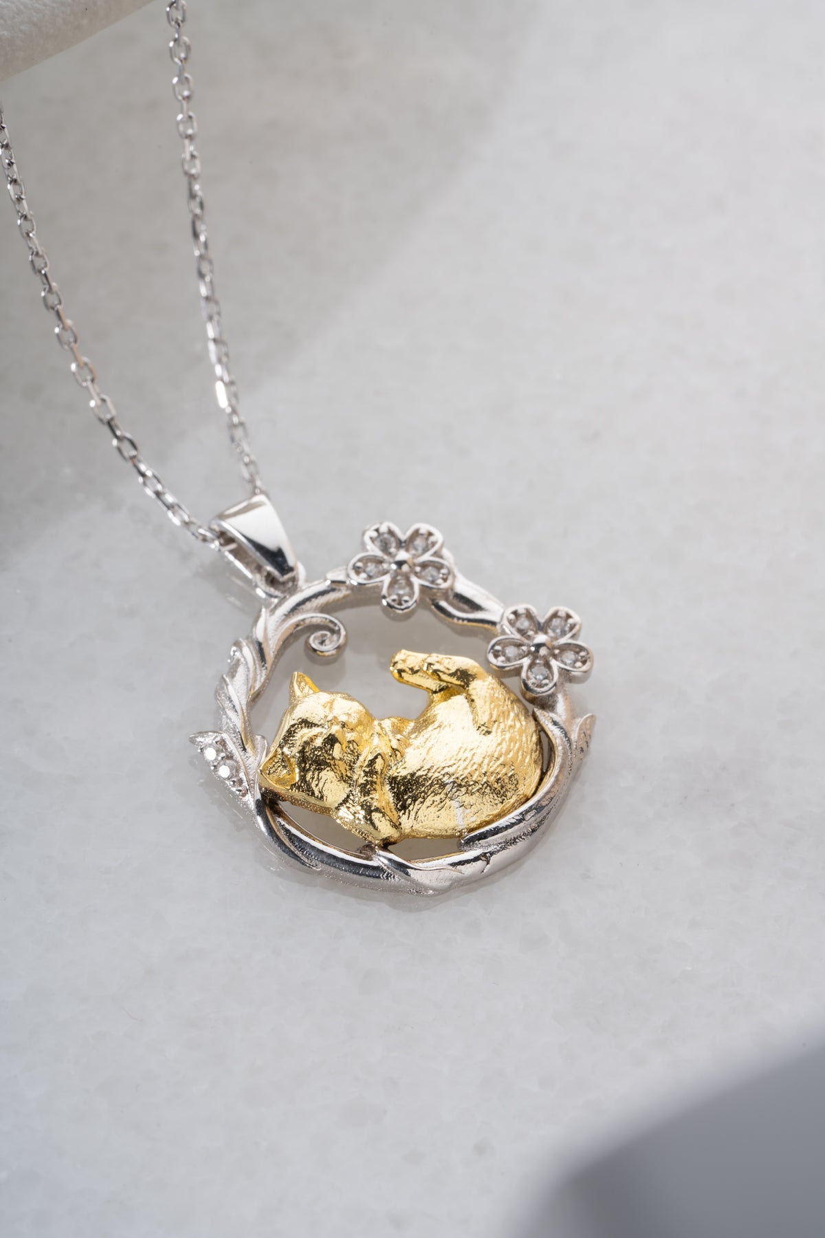 Two Tone Sleeping Cat Pendant Necklace