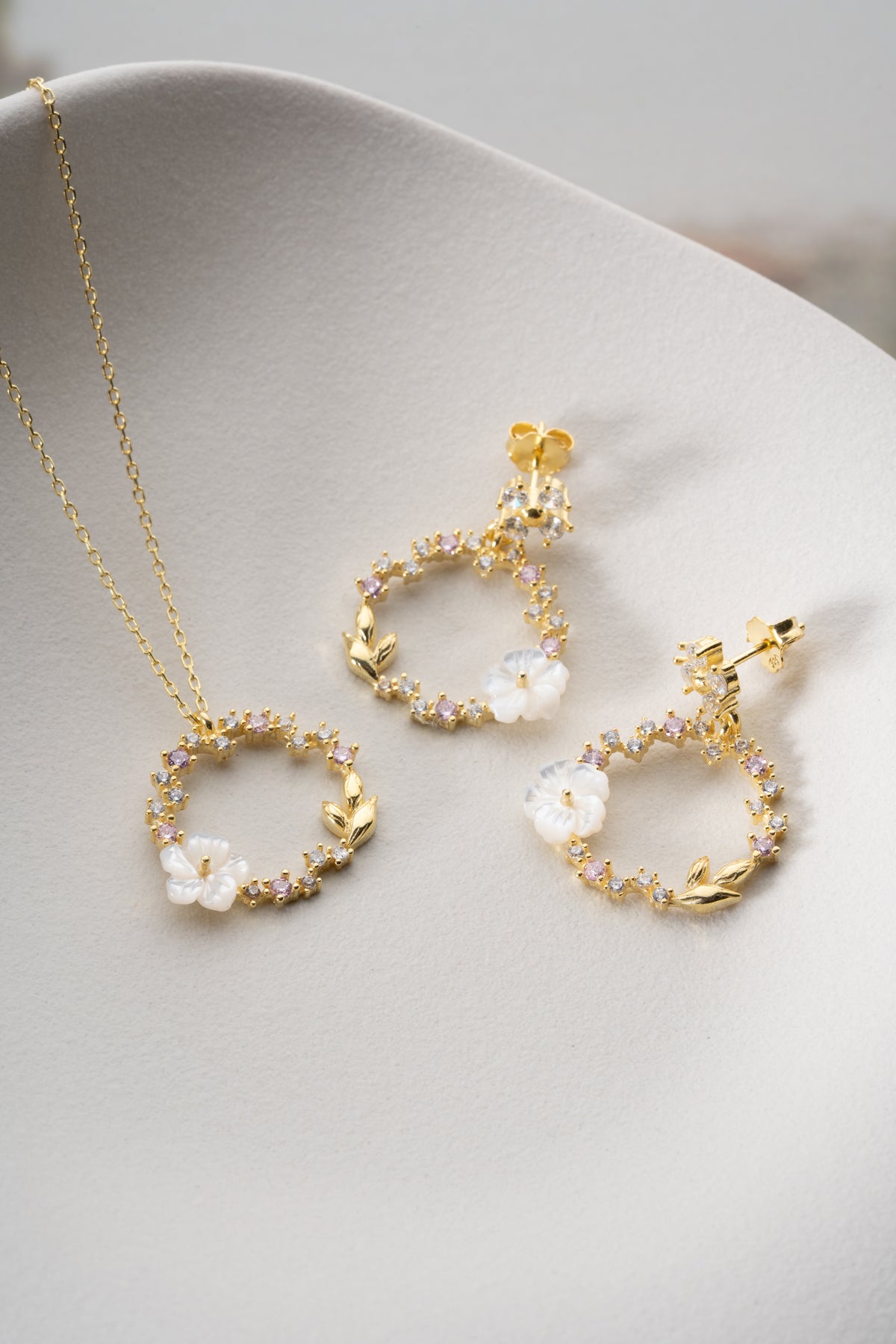 Pink Crystal Flower Wreath Jewelry Set