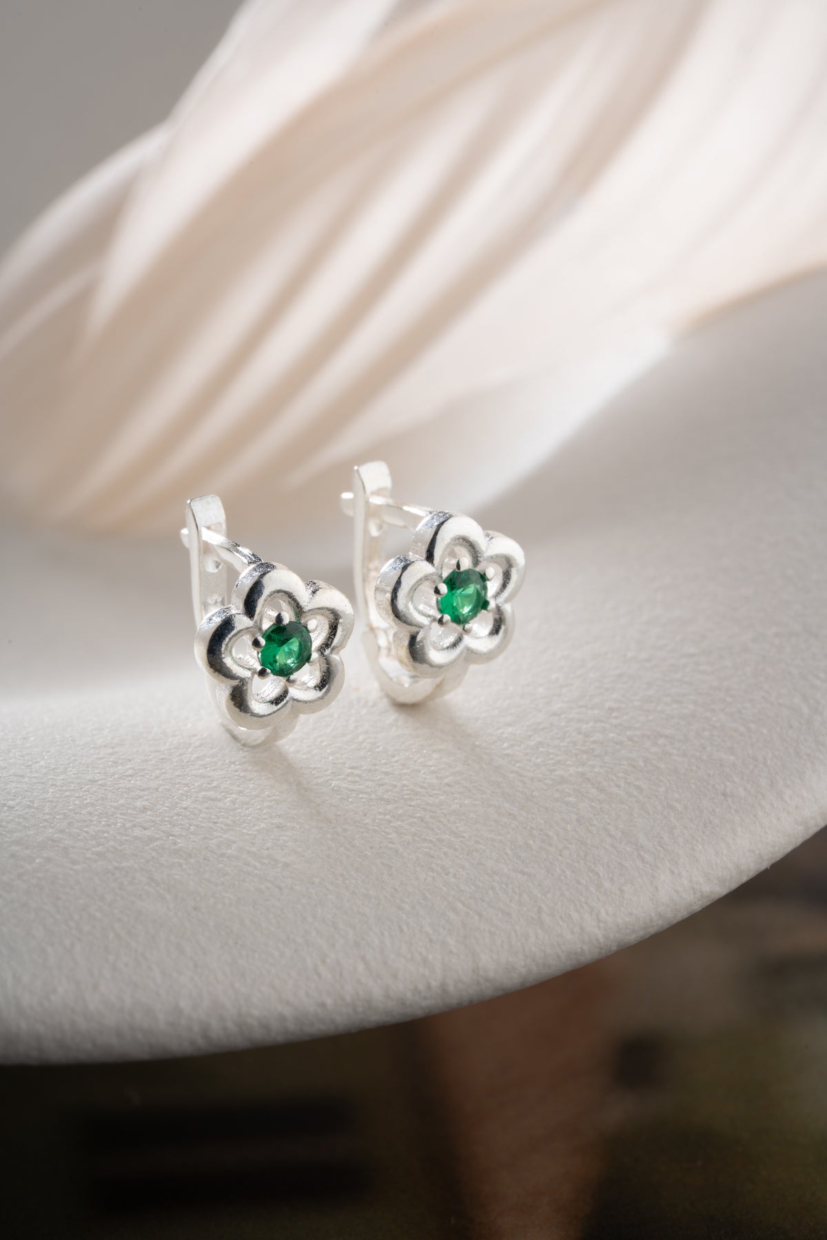 Emerald Green Flower Hoop Earrings