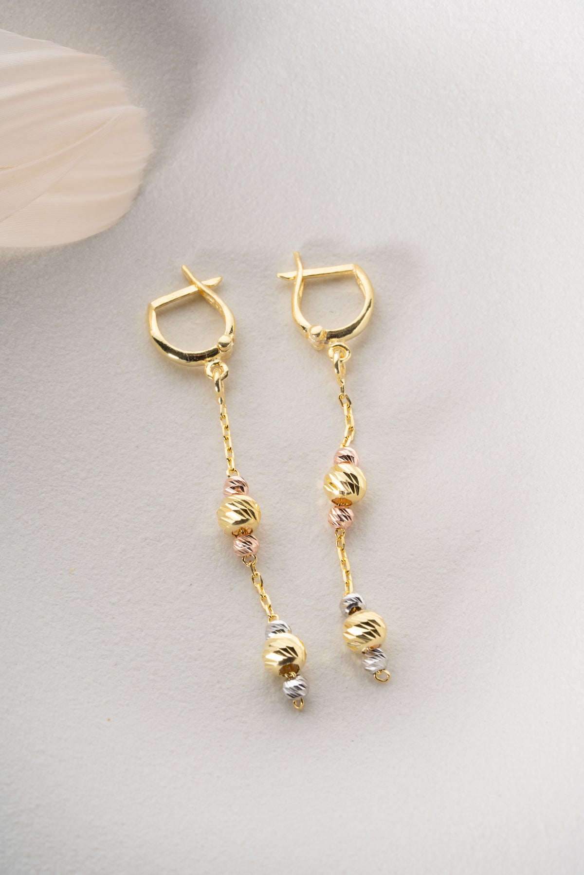 Tri-Tone Gold Bead Drop Earrings