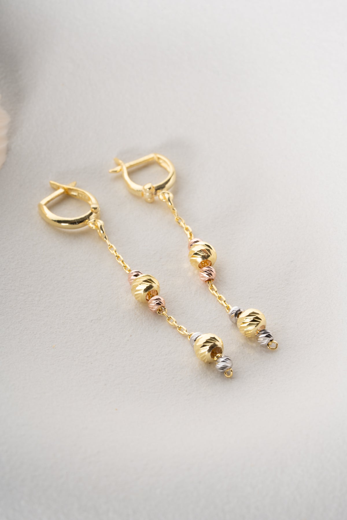 Tri-Tone Gold Bead Drop Earrings