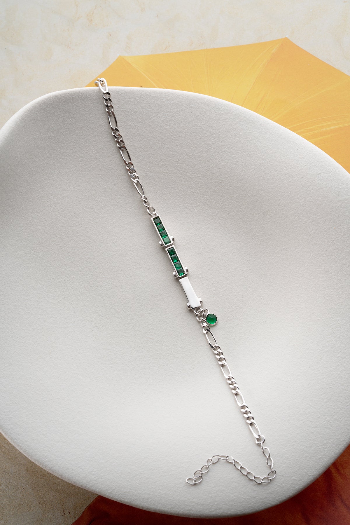 Green Stone Bar Bracelet in Silver
