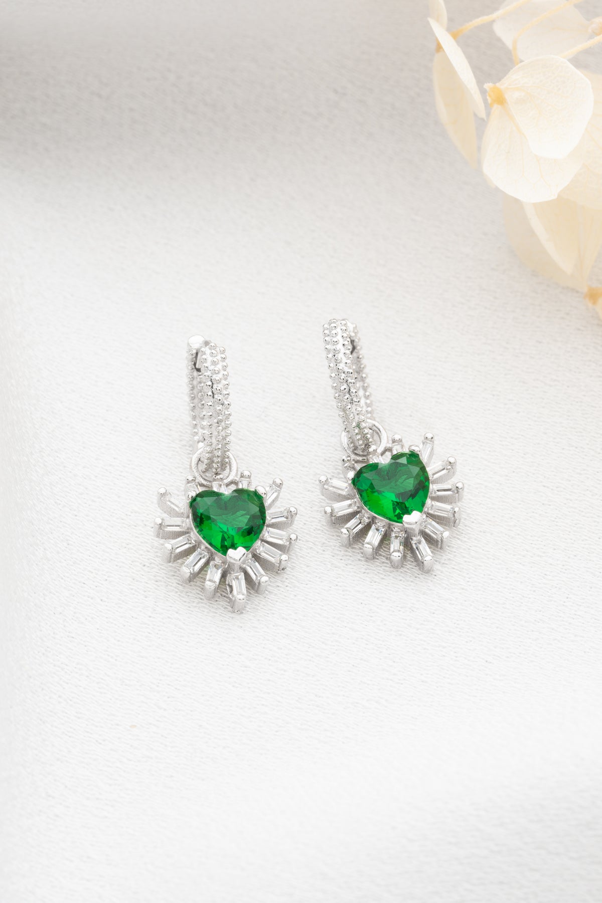 Emerald Heart Sunburst Earrings