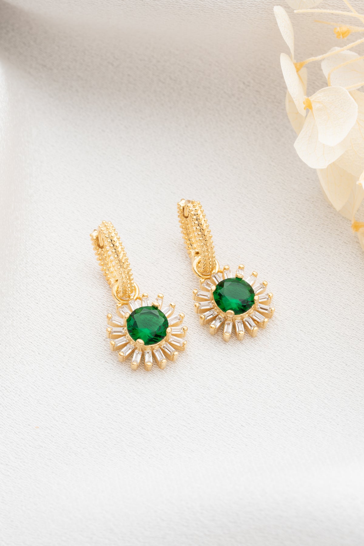 Round Emerald Sunburst Drop Earrings