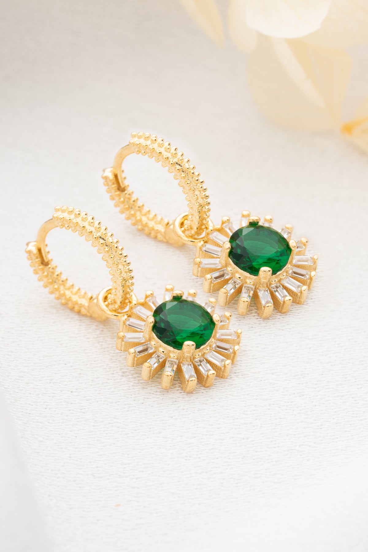 Round Emerald Sunburst Drop Earrings