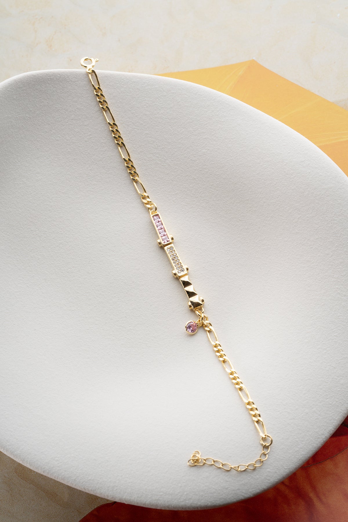 Pink Crystal Baguette Bar Bracelet in Gold