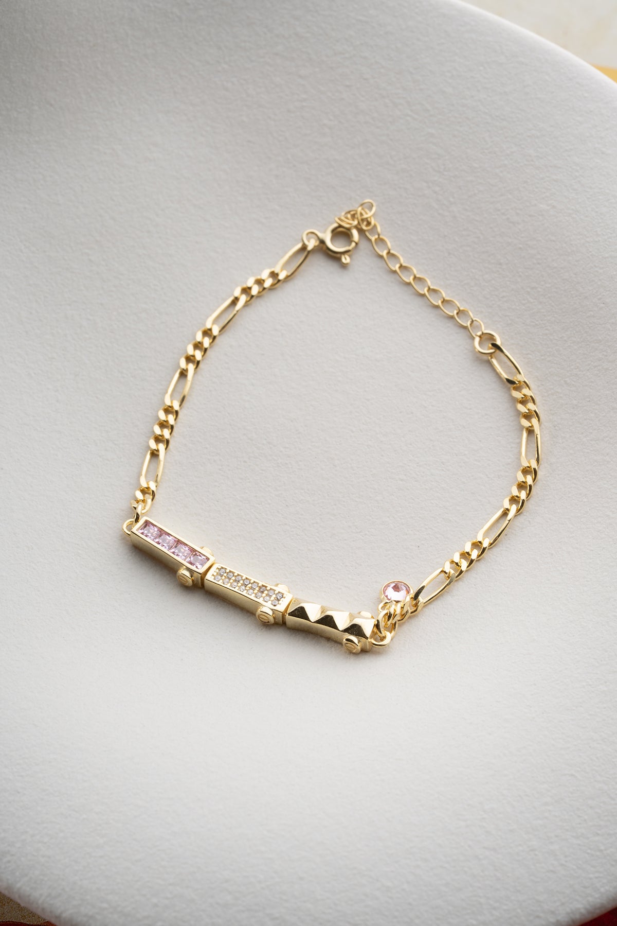 Pink Crystal Baguette Bar Bracelet in Gold