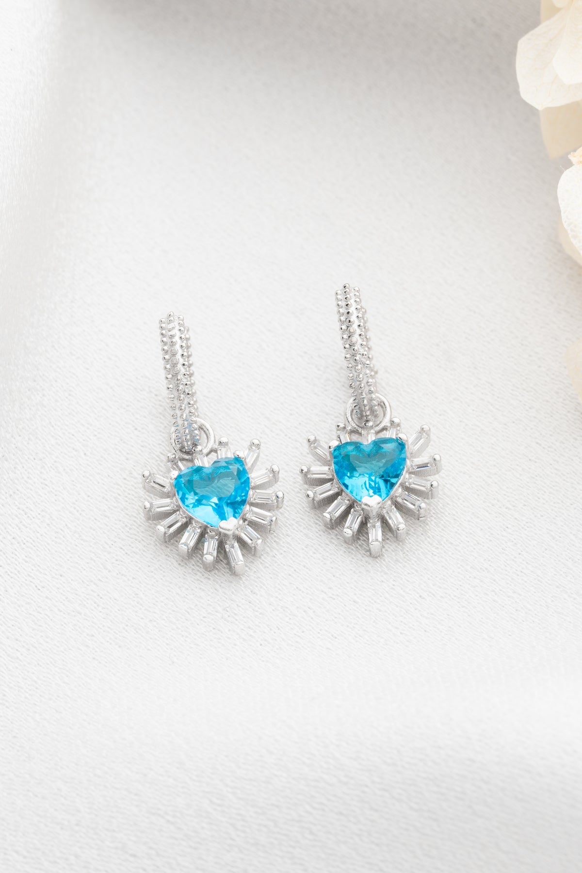 Aquamarine Heart Sunburst Drop Earrings