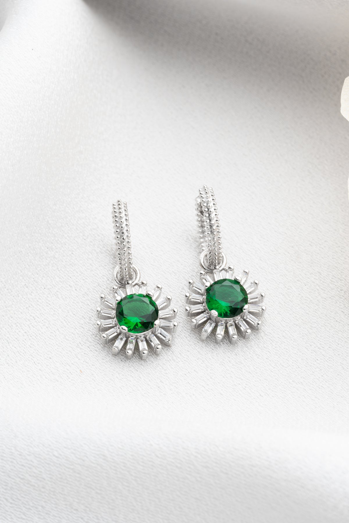 Round Emerald Sunburst Drop Earrings