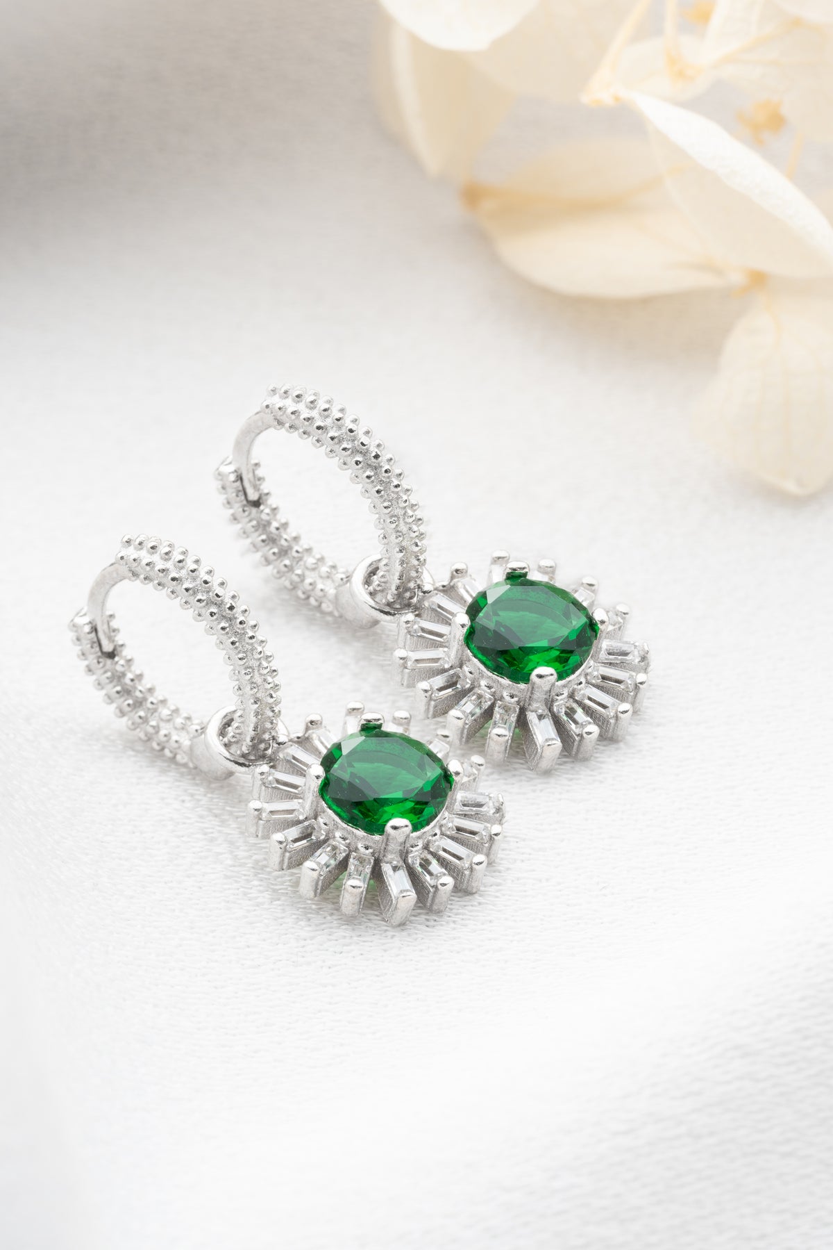 Round Emerald Sunburst Drop Earrings