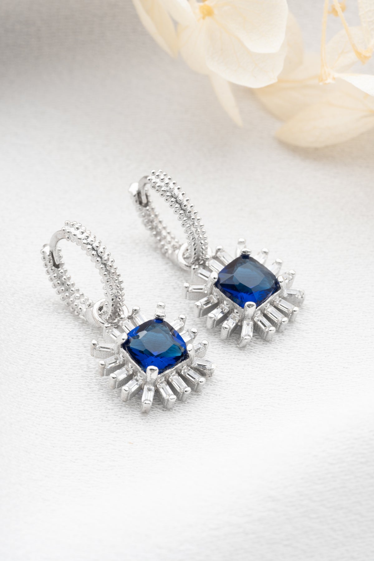 Sapphire Blue Crystal Halo Drop Earrings