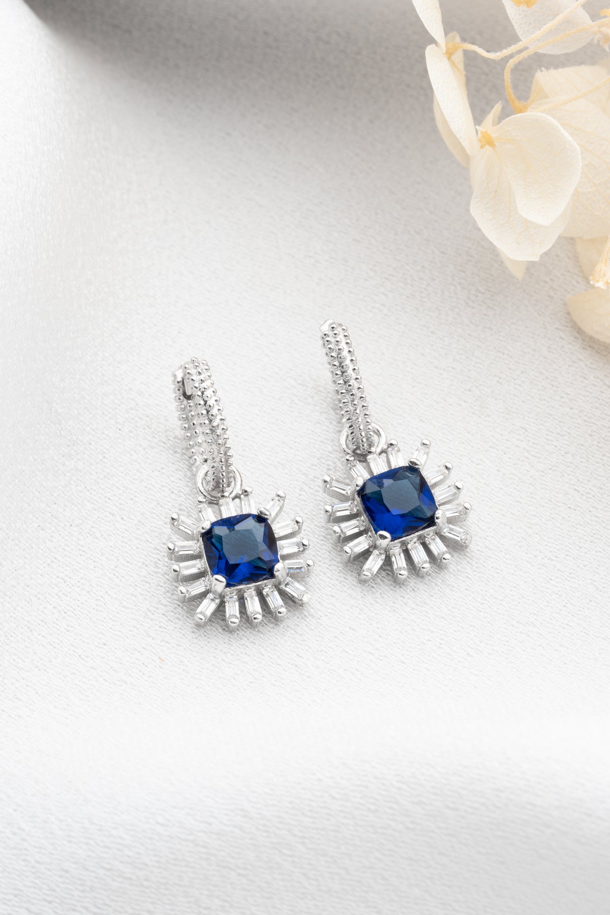 Sapphire Blue Crystal Halo Drop Earrings