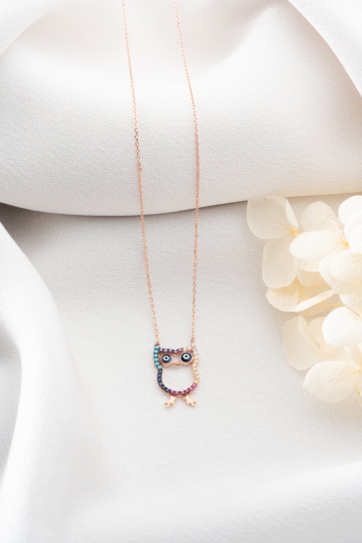 Rainbow Pave Owl Pendant Necklace