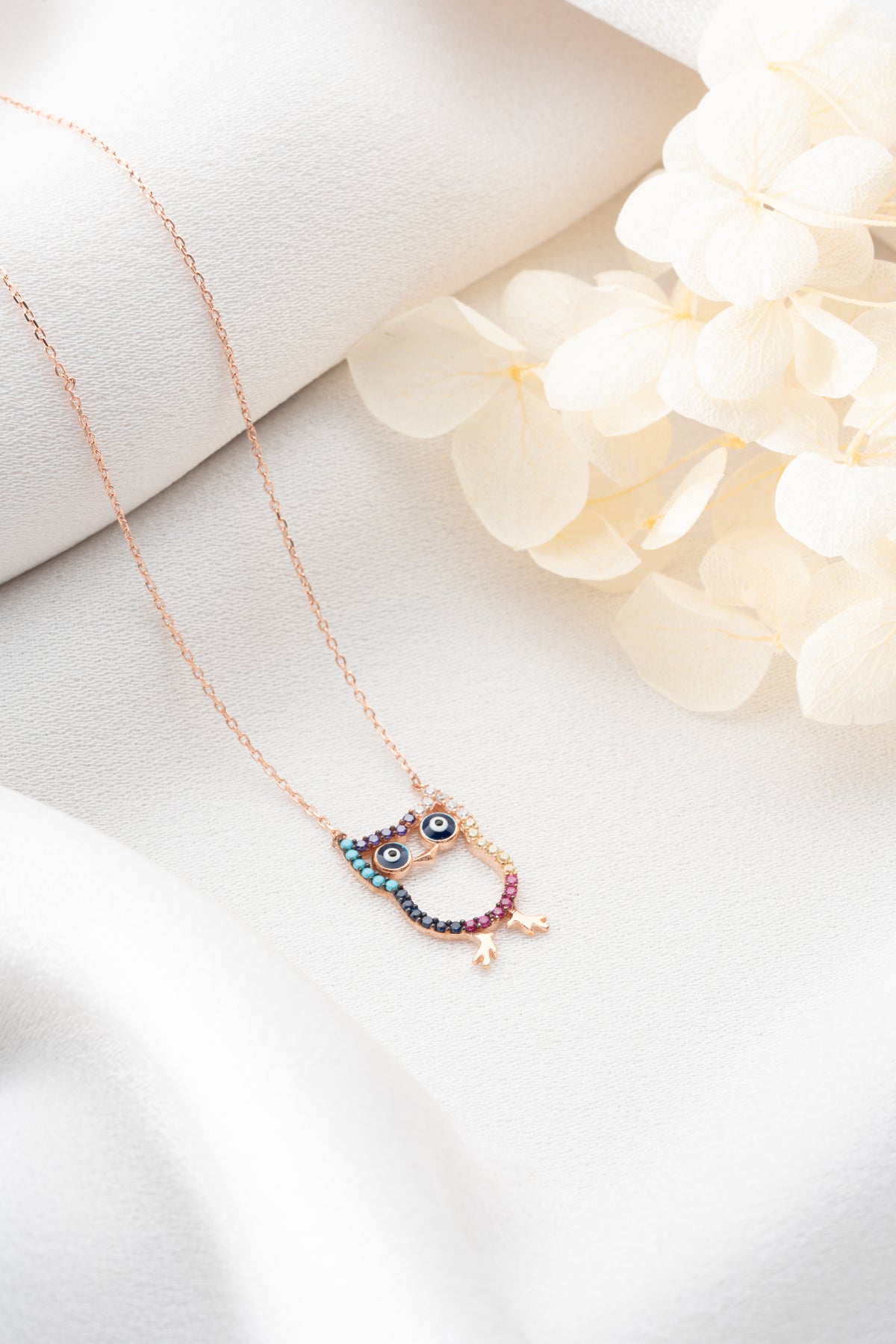 Rainbow Pave Owl Pendant Necklace