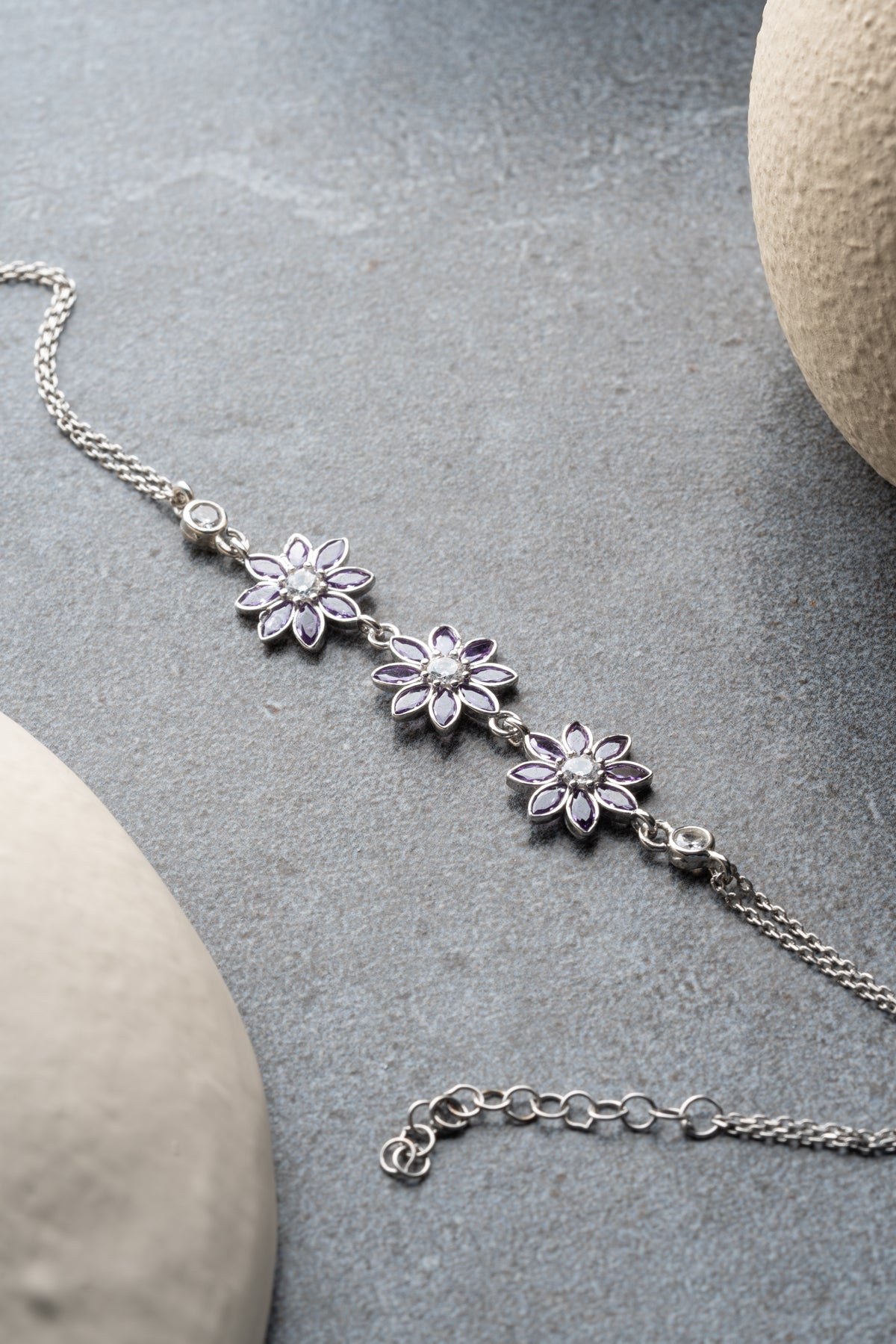 Amethyst Flower Trio Bracelet in Silver