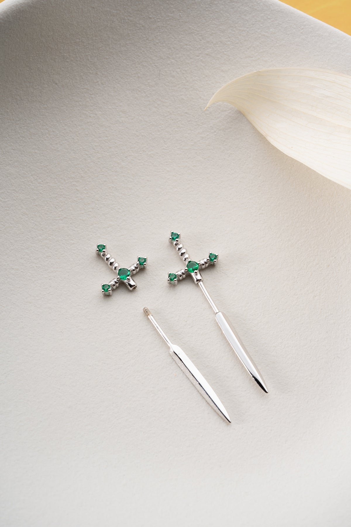 Emerald Green Sword Stud Earrings in Gold