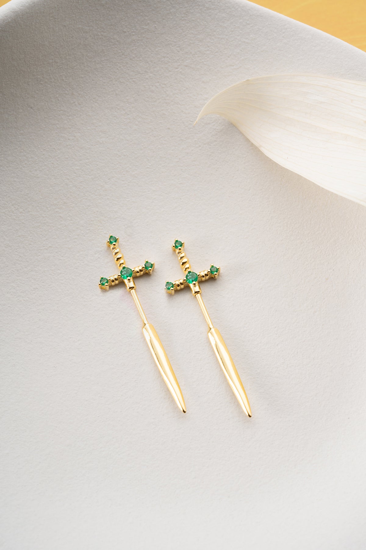 Emerald Green Sword Stud Earrings in Gold