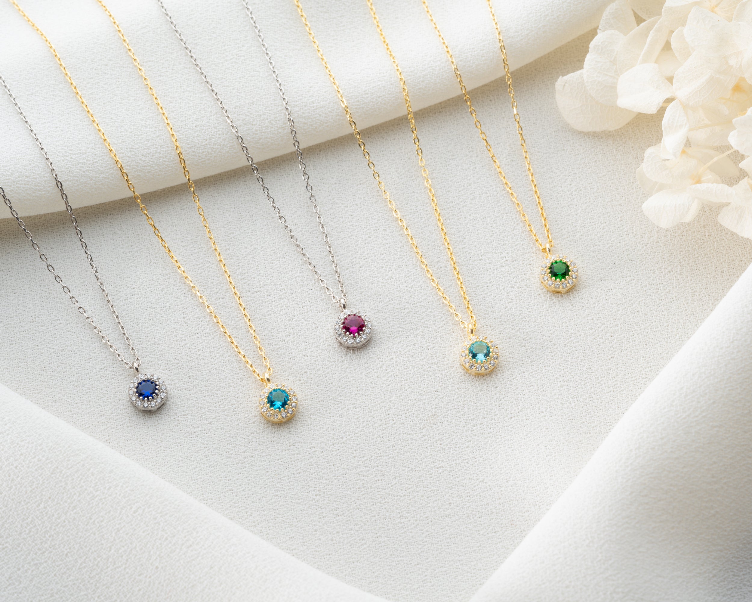 Custom Birthstone Halo Pendant Necklace